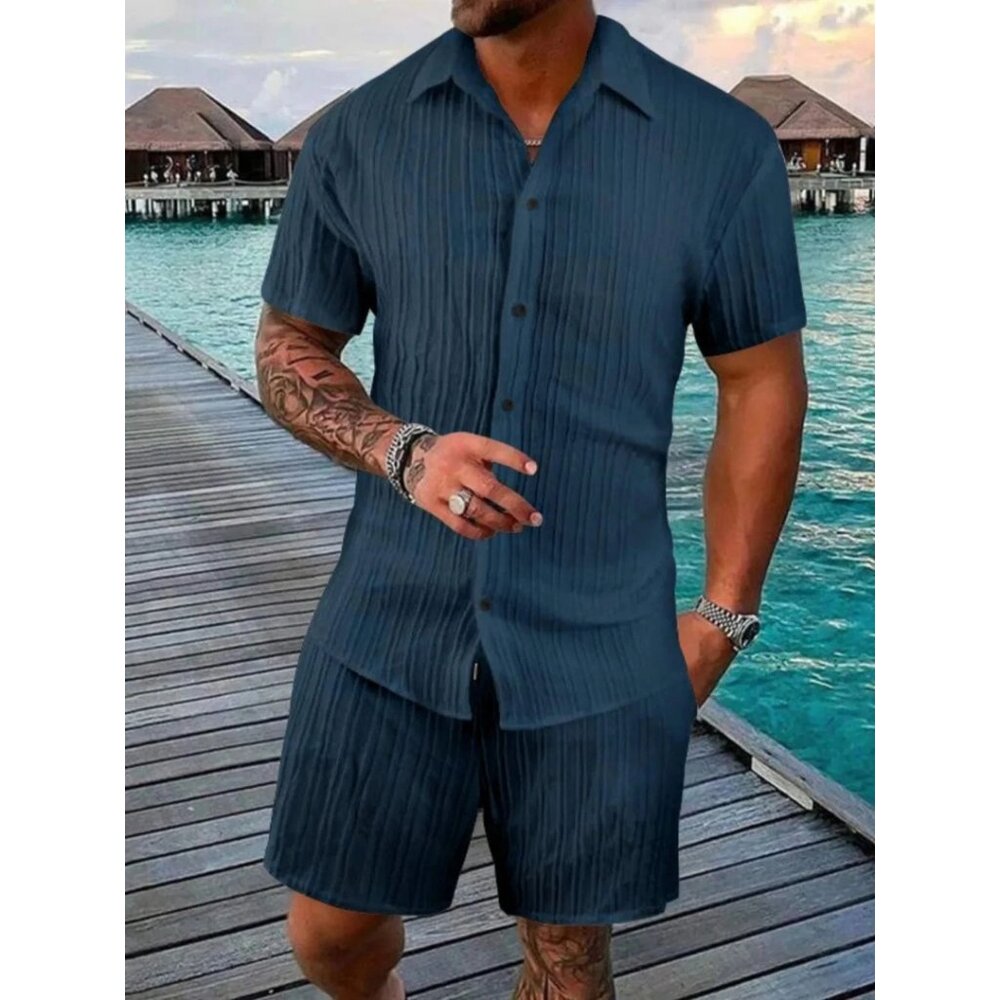 Men's Peacock Blue Button Down Short Sleeve Shirt & Shorts Resort Outfit
